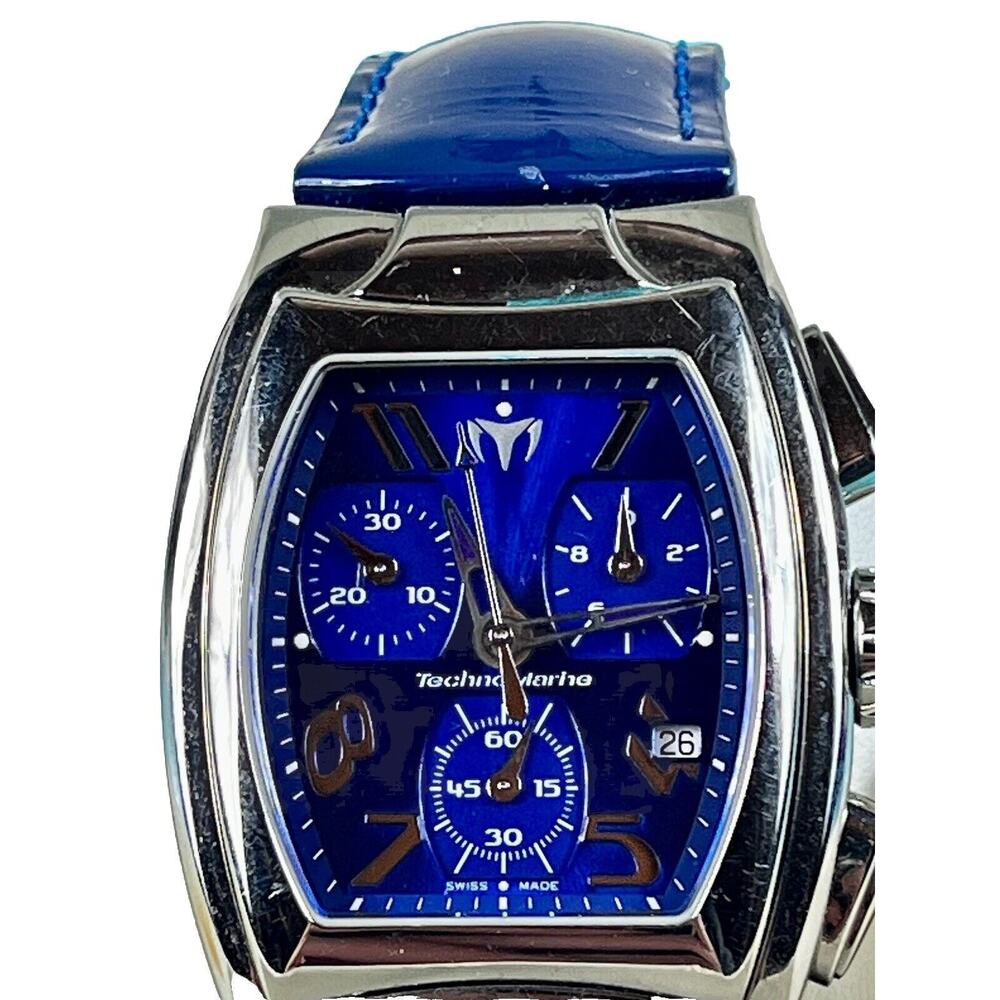 TechnoMarine Chronograph Blue Watch Technosquare TS29419 Blue Leather Band w Box - Picture 2 of 16